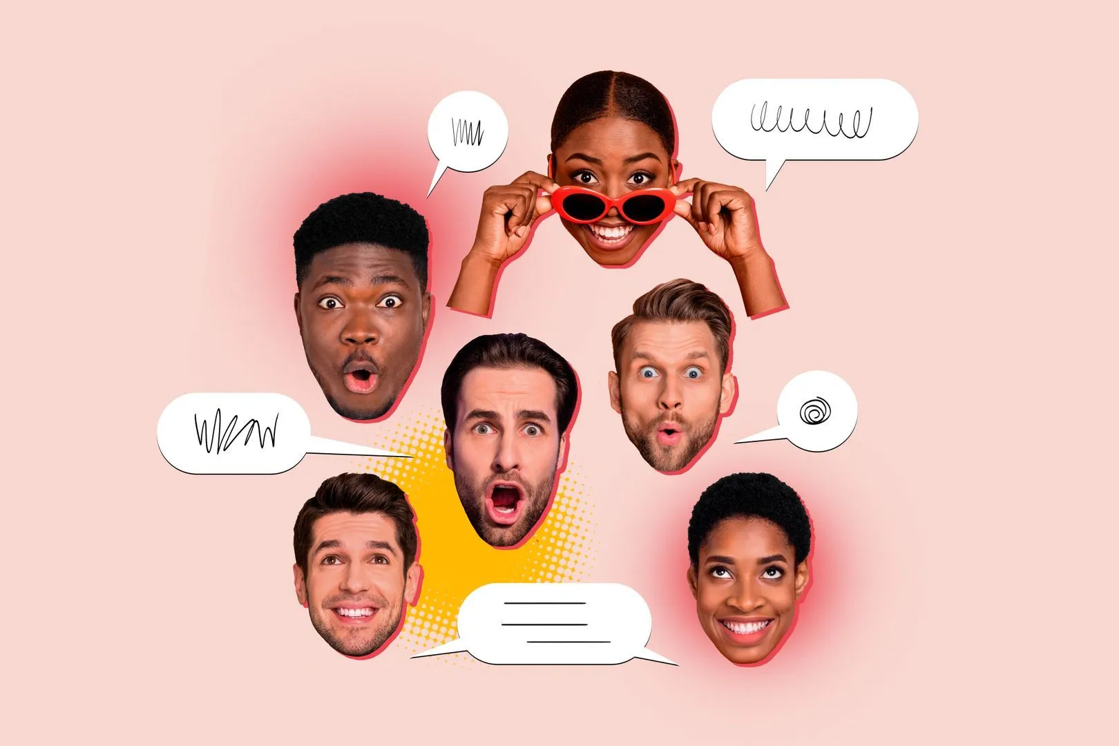 illustrations de tetes d'étudiants qui parlent avec des bulles de conversation 