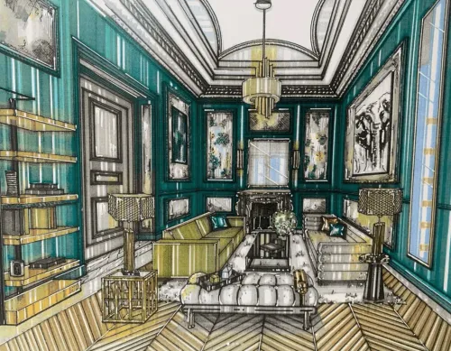 Dessin d'un salon style hôtel Parisien avec des moulures sur le plafond et aux murs, parquet chêne, murs de couleurs verts