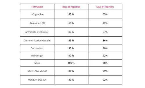 Tableau des taux d’insertion professionnelle par formation pour les diplômés Itecom Art Design 2024-2025